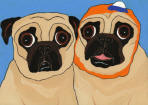 (A84) - Two Fawn Pugs ~ One Wearing a Barkclava Hat
