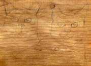 Two cats sketched on wood.